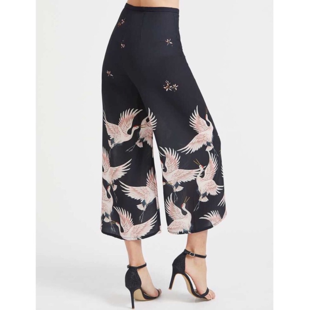 Black Crane Print Wide Leg Pants - Picture 1 of 6